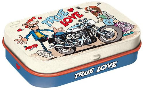 Nostalgic-Art Retro Pillendose, 4 x 6 x 1,6 cm, MOTOmania – True Love – Geschenk-Idee für Biker, mit Pfefferminz-Dragees, Vintage Design