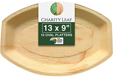 Charity Leaf - Bandeja desechable de hoja de palma como bandeja y plato de bambú para servir | bodas, tablas de embutidos, barbacoas y fiestas | Oval (10 bandejas) (13 x 9)