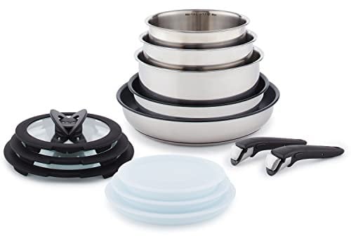 T-fal Ingenio Expertise Stainless Steel Cookware Set 13 Piece, Induction, Stackable Cookware, Pots and Pans Set, RV, Camping, Kitchen Fry Pans, Dishwasher Safe, Detachable/Removable Handle, Silver