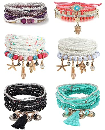 Finrezio 6 Sets Bohemian Stapelbare Armbänder für Frauen Mehrschichtige Quaste Seestern Perlen Charm Statement Armband Multicolor Stretch Schmuck