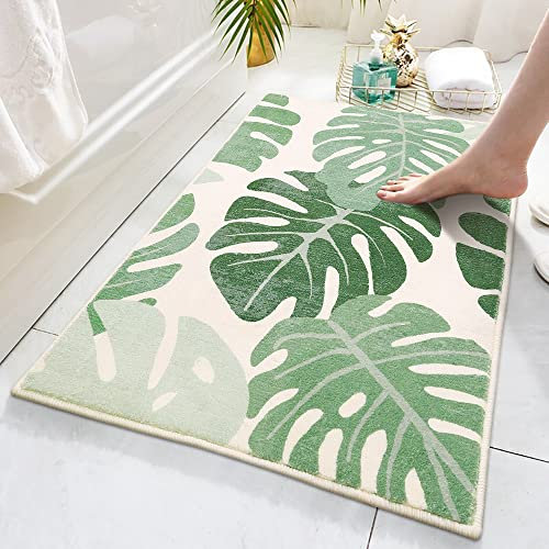 Lukinbox Bath Mats for Bathroom, Green Leaf Non Slip Bathroom Rug, Cute Small Washable Bath Rug Floor Door Mat for Indoor Shower Bathtub Decor, 18x26