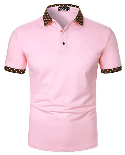 AIOIDI Polo T Shirt Hommes Manches Courtes Respirant Coton Marron Col Contraste Couleur Été Tops
