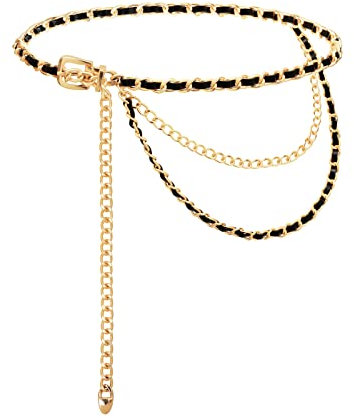 TOPACC Gold Chain Belt Women Dresses Jeans Chunky Thick Metal Link Black Leather Waist Chains Girls Fashion, Gold-36, Fit waist below 36 in