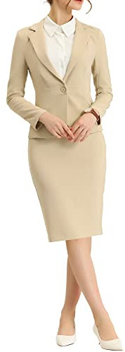 Allegra K Women's 2 Piece Skirt Suit Set Business Casual Long Sleeve Blazer and Pencil Skirt Khaki S
