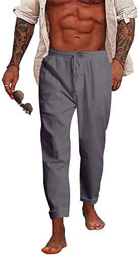 NANAMEEI Pantaloni Lunghi da Uomo, in Cotone, in Lino, Leggeri, Casual, per Il Tempo Libero, per Lo Yoga, Grigio Scuro, XL