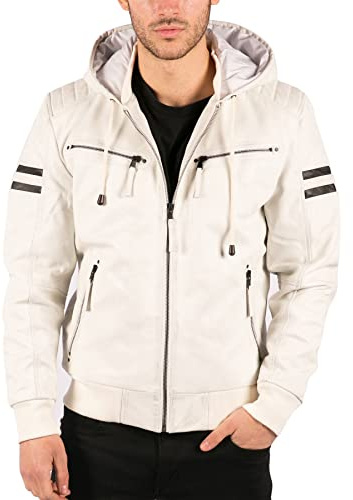 TruClothing Men's Bomber Jacket Outwear Windproof Winter Real Leather Jackets Coat Quilted Hood - White M