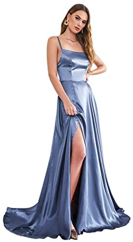 Babyonline D.R.E.S.S. Robe de Bal Longue avec Bretelles Robe de Soirée Chic pour Mariage Dos Nu Fendue en Satin Bleu 34
