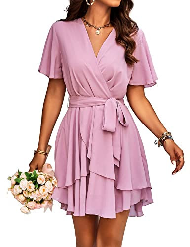 TcIFE Robes Casual pour Femme Col en V Manches Courtes Robe Ceinture Nouée Volants Chic et Elegant Mini Robes pour Plage Cocktail Party, Rose, M