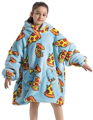 Ksnnrsng Kinder Tragbare Decken Übergroße Hoodie Sweatshirt Decken für Jungen Mädchen Teenager, Pullover Kapuzenpullover Oversized Tragbare Decke Weich Bequeme warmes (Pizza, 7-13 Jahre)