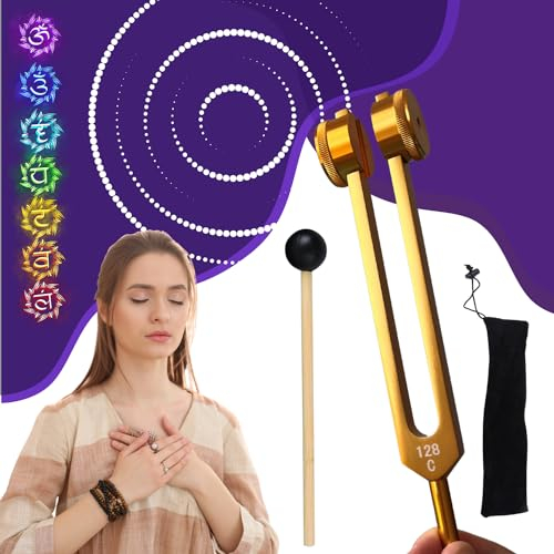 Stimmgabel 128 Hz Professionell aus vergoldetem Aluminium, verwendet für Yoga, Meditation, Klangtherapie, Instrument mit Klöppel und Aufbewahrungstasche inklusive