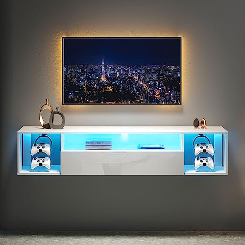 SogesHome TV-Bänke & Lowboards TV Fernsehschrank TV-Tisch TV-Ständer mit Schränk mit Türen und 3 offenen TV-Wandtisch mit LED-Beleuchtung für Wohnzimmer, Schlafzimmer, 140 cm