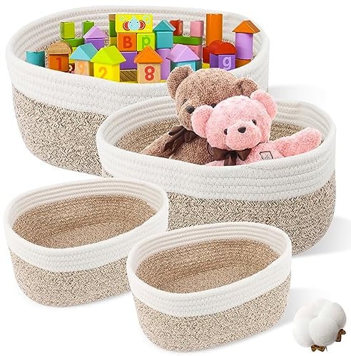 Juego de 4 Cestas Almacenaje Tejida con Cuerda de Algodón, Cesta de almacenamiento para niños Cesta Bebe Organizadoras, Cestas Organizadoras para Baño Juguetes, Cambiador