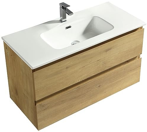 Alpenberger Waschbecken mit Unterschrank 100 cm Breit Eiche Natur | Aufsatzwaschbecken Waschbeckenunterschrank Waschplätze | Waschtisch Gäste WC Möbel Set | Waschtischunterschrank Hängend