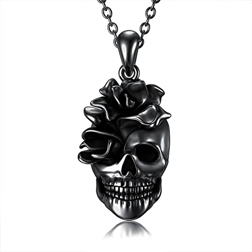 Shusukue Totenkopf Kette 925er Silber Halloween Schädel Halskette Rose Blumen Damen Gothic Geschenk für Frau