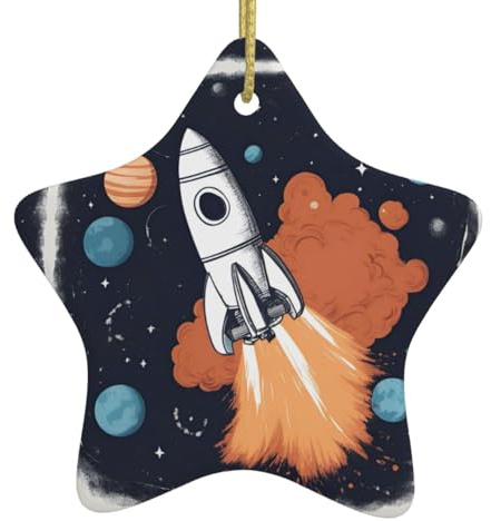 Rakete im Weltraum Weihnachtsbaum Anhänger - Sternförmige Keramik Hängedeko für eine festliche Atmosphäre