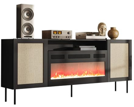 Mirjan24 Kommode Jeratu EF mit Elektrischem Kamin, Mehrzweckschrank mit 2 Türen, Realistische LED-Flamme, Anrichte, Highboard, Sideboard, Mit Deko-Kristallen, Esszimmer (Schwarz/Schwarz + Calabria)