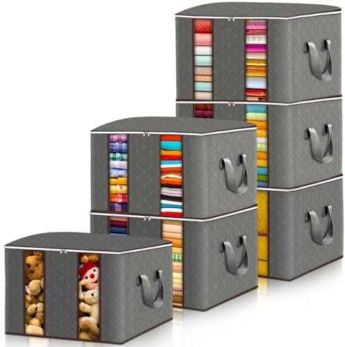 Frasheng 6 Piezas Cajas Almacenaje Ropa, 85L Almacenaje Bajo La Cama, Bolsa de Almacenamiento para Ropa Plegable, Bolsa de Almacenamiento de Ropa con Mango para Guardar Ropa, Edredones, Mantas, Gris