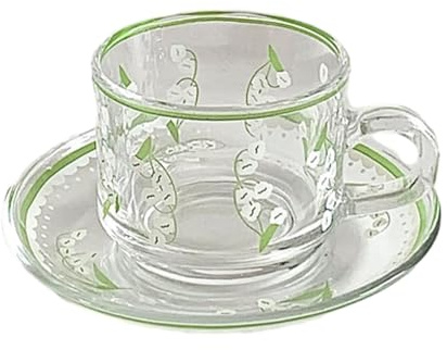 CAPIJIONG 200ml/6oz Französisch Glas Kaffeetasse Und Teller Set Haushalt Nachmittagstee Tasse-Grünes Maiglöckchen