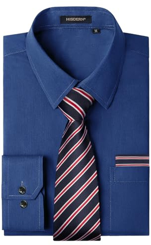 HISDERN Mens Navy Blue Shirts and Tie Set Formal Dress Shirts Long Sleeve Plain Casual Office Button Down Regular Fit S