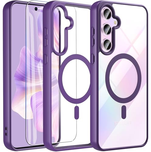 BESINPO Magnetica Cover per Samsung Galaxy A55 5G/Galaxy A35 5G con Vetro Temperato, Compatibile con MagSafe, Custodia Samsung A55/A35 Antiurto Trasparente Retro Case Resistente ai Graffi,Viola