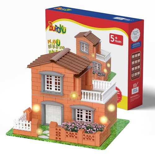 Buroku - Ziegelhaus-Bauspiel mit Lichtern | 270 Sichere ABS-Kunststoffteile für Kinder | Fördert Frühe Fähigkeiten und die Entwicklung der Intelligenz | Recycelbares Material