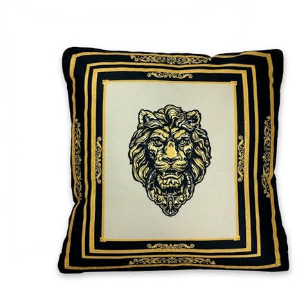 Luxus Kissen Dekokissen Sofakissen Couchkissen Lesekissen mit Füllung und Bezug waschbar mit Reißverschluß Löwe Mäander Muster in Schwarz Gold für Deko Sofa Couch Bett - Motiv: Löwe, 45 x 45 cm