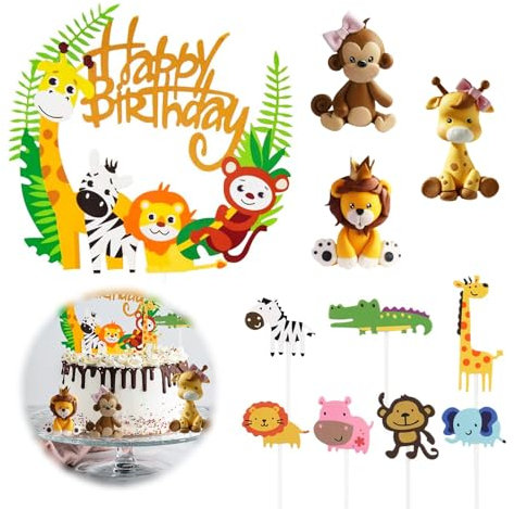 INNAL 11 PCS Safari Cake Toppers - Wild One Cake Topper Giraffe Fox Tiger Cake Jungle Animals Cake Decoration for Girl Kids Boy