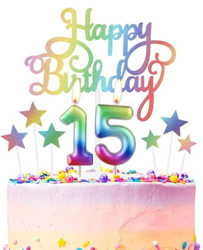 Regenbogen 15th Geburtstag Kerzen, Regenbogen Zahl 15 Kerze für Kuchen, Regenbogen Happy Birthday Kerze Kuchen Toppers, Bunte Kuchen Kerzen Kuchen Toppers für Mädchen Jungen 15th Geburtstag Dekora