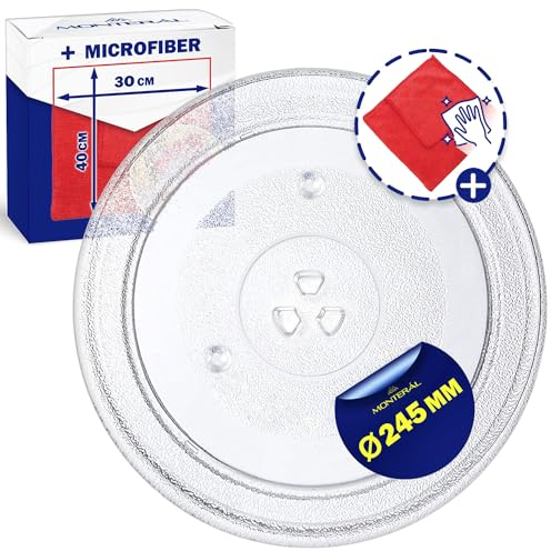 Plato Microondas Universal Ø 24,5 cm es de Vidrio Resistente Apto para LG Plato Giratorio de 245 mm - Juego Incluye un Bayeta Microfibra - MONTERAL
