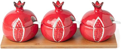 LJQZFWXX Sucrier à fruits avec couvercle et cuillère, sucrier coloré, boîtes à sucre à café en céramique, récipient à sucre, pot à épices, pot à sel, boîte d'assaisonnement, lot de 3 (grenade)