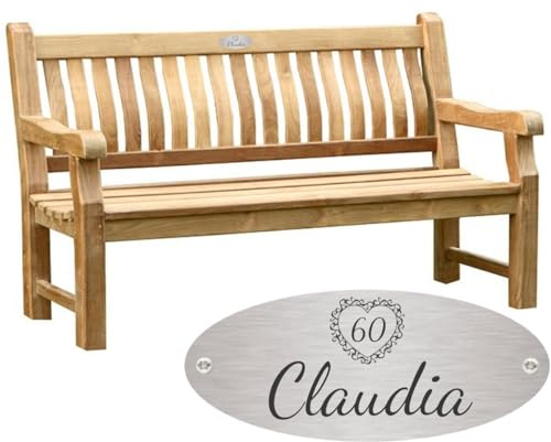 Sterngraf Geburtstagsbank mit Gravur-Schild zB. Herz mit Zahl (Namen), Teakholz Gartenbank Parkbank 165cm, Edelstahlschild personalisiert, Geschenk zum Geburtstag