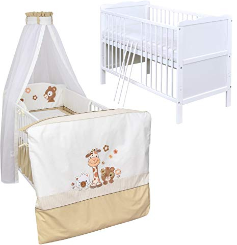 Generisch Baby Delux Babybett Komplett Set Kinderbett 60x120 cm umbaubar zum Juniorbett weiß 10-TLG Max Bettset Matratze Chiffonhimmel (Safari)