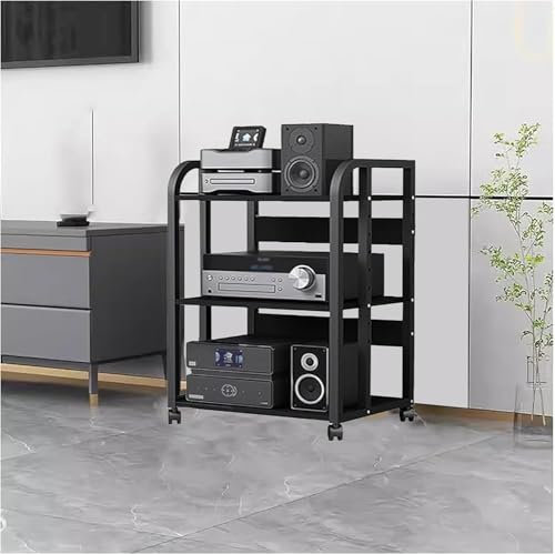 GWWBD Audio-Rack-Schubladenteiler auf Rollen – Medienregal aus Metall mit höhenverstellbarer Halterung – schwarzes Eck-Unterhaltungsregal, Aufbewahrungsständer(Size:3 Tier-h100cm)