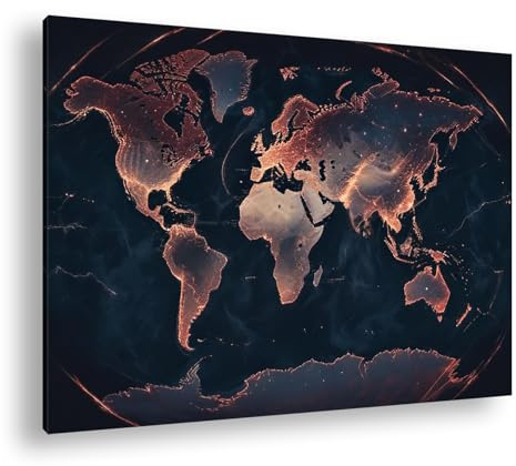 Leinwandbild Leuchtende Weltkarte in Dunkelheit, Kontinente erstrahlen. Format: 70x50 cm XXL Kunstdruck Bild auf Keilrahmen/Wandbild/Wohnzimmer Deko