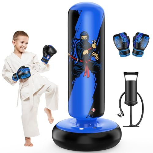 QPAU Inflatable Kids Punching Bag, 66 Inch Stable Boxing Bag with Boxing Gloves, Punch Bag Dinosaur Toy & Gifts for Boys Girls Age 3-8, Set for Practicing Karate, Taekwondo, MMA