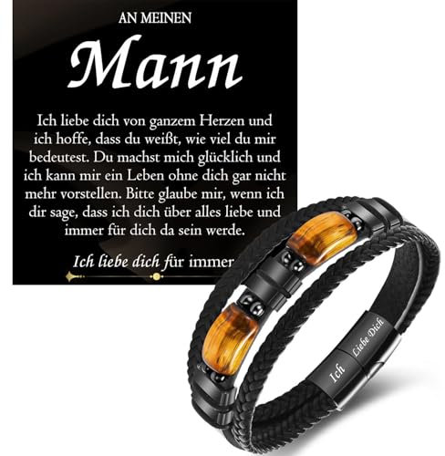 PDTU Geschenke für Mann, Lederarmband mit Gravur Ich Liebe Dich Geschenke für Männer zum Valentinstag, Armband für Mann Ehemann Freund zum Hochzeitstag Jahrestag Geburtstag