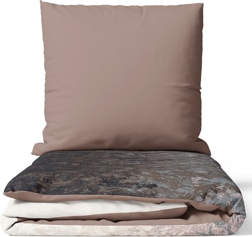 Leonado Vicenti Renforcé Bettwäsche 100% Baumwolle 155x200 cm 4-Jahreszeiten Florales Design Braun Beige Schwarz Set mit Verdecktem Reißverschluss Wendebettwäsche