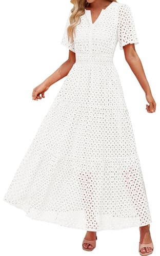 Summer Maxi Dress for Women 2025 Short Sleeve V Neck Hollow Out Eyelet A Line Long Flowy Swing Beach Travel Holiday Vacation Dresses White