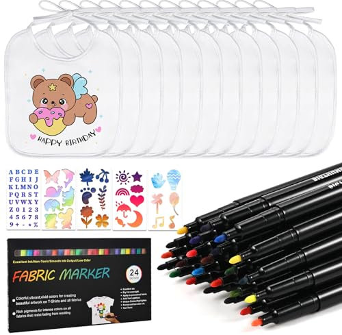 Faburo Lätzchen zum Bemalen, 12 Stück Lätzchen Bemalen mit 24 Textilstifte für Babyparty Spiele, Baby Lätzchen (20*24cm) mit 5 Schablonen für Babyparty Deko Baby Shower Gender Reveal, Weiße Lätzchen