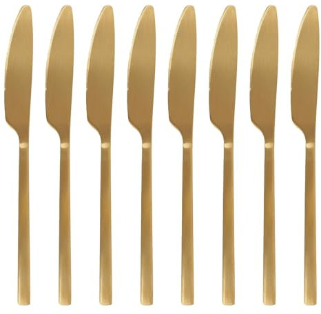 Argon Tableware 8 Stainless Steel Dinner Knives – 21cm Gold Finish Modern Cutlery Set for Dining & Entertaining – Stylish Dishwasher Safe Tableware