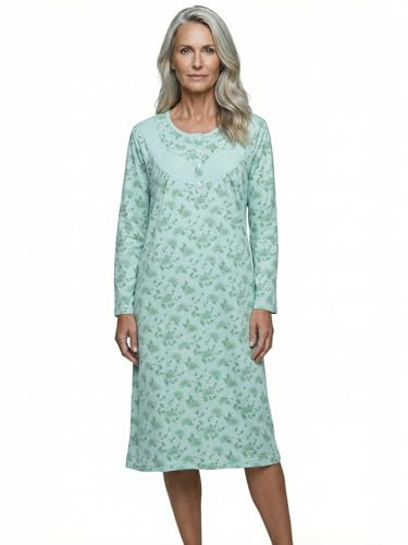 Zeitlos Nachthemd Damen Langarm Helene mit Chrysanthemen M-6XL Schlafshirt kleine Knopfleiste mit Raffung an der Brust