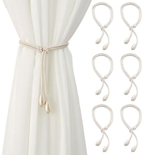 6 PcsAlzapaños Cortinas Rusticas, Sujeta Cortinas, Alzapaños de Cortina con Cuerda de Algodón Tejido a Mano Ajustables para Cortina Decorativos(Beige)