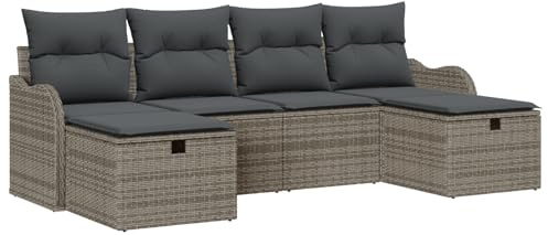 vidaXL Garten-Sofa-Set mit Kissen mit Speicher 6 pcs Grau Poly Rattan, Garten und Terrasse, modernes Rattan-Sofa-Set, UV-beständig, langlebige Möbel für den Frühling