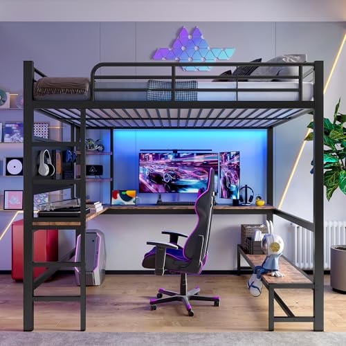 Kebnor Letto a soppalco, telaio in ferro, scrivania, ringhiera, scala a pioli, presa USB + Type-C, striscia LED, bordo forato, senza materasso (nero, 140 x 200 cm)