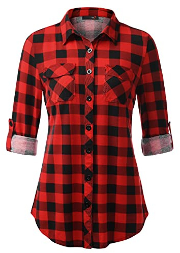 DJT Womens Soft Stretchy Knit Checked Shirts Roll Up Long Sleeve Button Down Collared Ladies Blouses Work Tops
