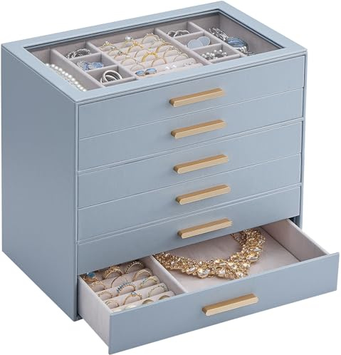 Lolalet Schmuckkästchen, Schmuckbox Schmuck Organizer mit Glasdeckel, Schmuckaufbewahrung mit 6 Ebenen, Schmuckkasten für Halsketten Ohrringe Armbänder- Blau