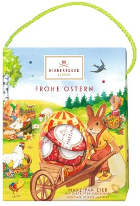 Niederegger | Marzipan Eier | Ostertäschchen | 1x 87g | Geschenkpackung gefüllt mit Marzipan Eiern, umhüllt von Zartbitter-Schokolade | Osterpräsent | Ostereier