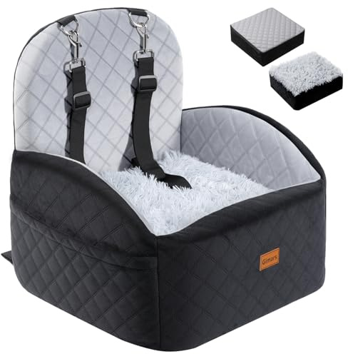 Gimars Wende-Hunde Autositz Mit Lang-/Kurzplüsch Sitzkissen Für Kleine/Mittlere Hunde Bis 16kg, Abnehmbar Waschbar rutschfest Hundesitz Auto mit 15cm 28D Egg-Crate-Schaum, Sicherheitsgurt, S