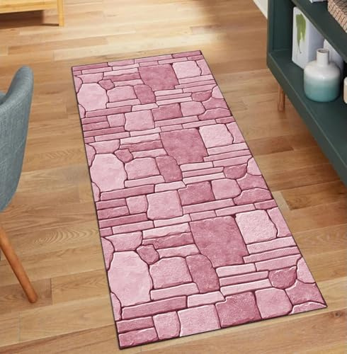 QQrunner 3D Teppich Läufer Flur rutschfest, 90x160CM Teppichläufer Küchenteppich Meterware Lang Rosa Korridor Kücheläufer