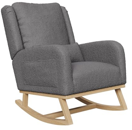 Lazyspace Schaukelstuhl Grau Teddystoff, Relaxstuhl Sessel Stuhl Wohnzimmersessel Stillsessel Schaukelsessel mit Seitentaschen & Holzsockel für Wohnzimmer Schlafzimmer Balkon-Belastbarkeit bis 150 kg